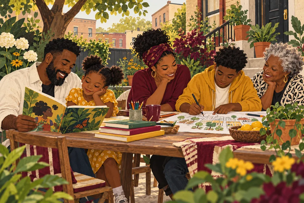 An original illustration of a Black family reading and creating together in a garden